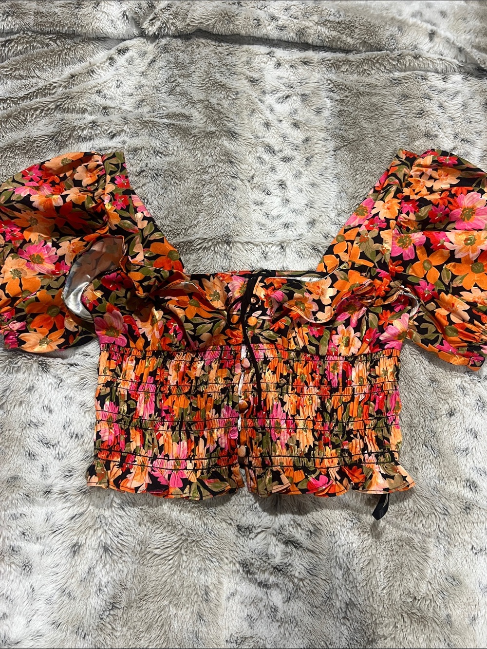 For Love and Lemons Floral Smocked Puff-Sleeve Crop Top size small